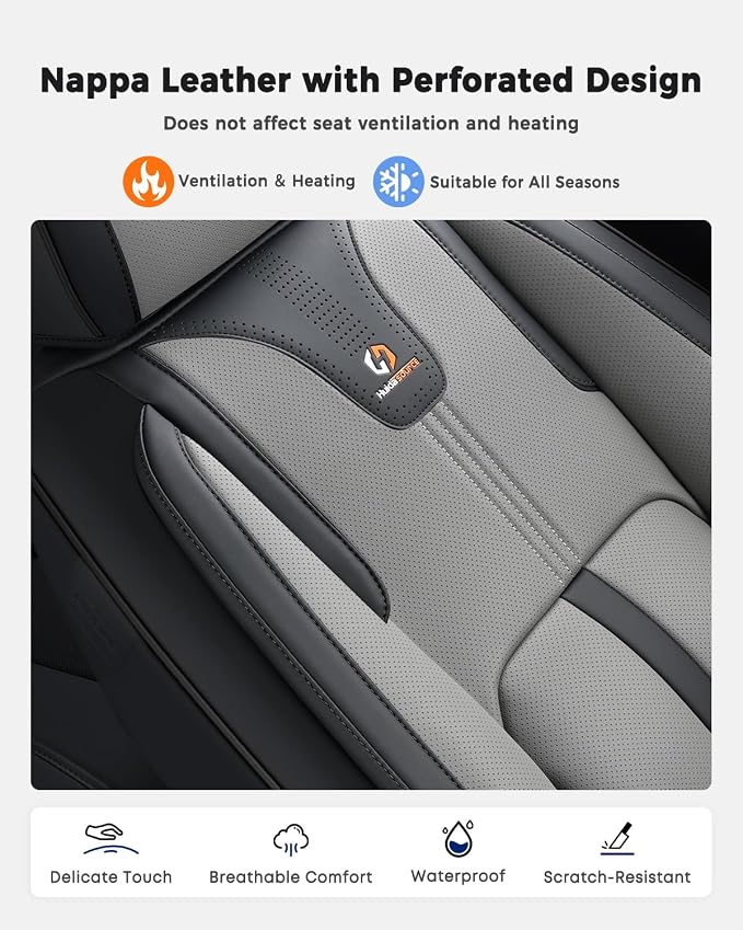 Huidasource Universal Car Seat Cover Luxury Nappa Leather, Car Seat Cover Set with Velcro Adjustable, Airbag, Lumbar Support, Cooling＆Heating, Seat Covers Fit for Most Cars SUV Trucks, Black＆Gray - Image 7