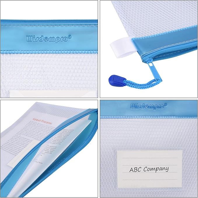 Wisdompro Zipper Pouch, 4 Pack Waterproof Mesh File Bag, Document Organizer | 13.3x9.8", Letter Size Mesh Bag with Outer Label Pocket, Durable, Perfect for File, Paper, Pen, Office, School, Home, Blue - Image 5