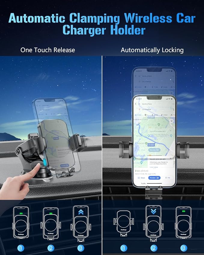 3-in-1 Wireless Car Charger Mount, 15W Fast Charging Auto-Clamping Phone Holder for iPhone 17 16 15 14, Samsung Galaxy S24 S23, Dashboard, Vent & Windshield Car Mount(Black) - Image 4