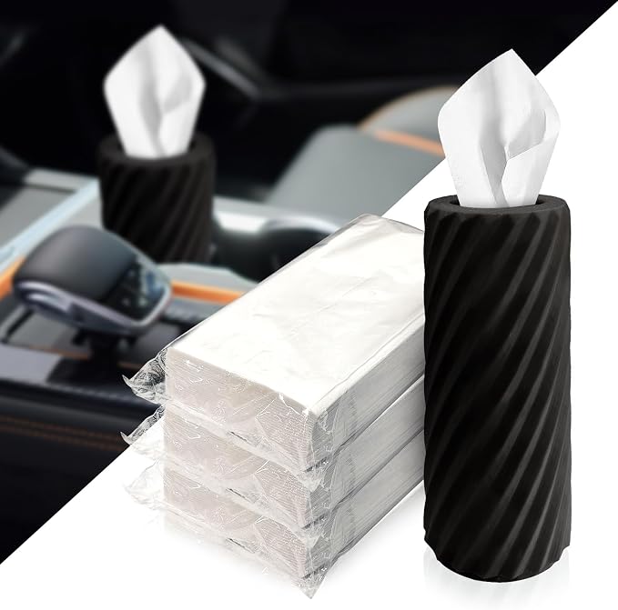 Car Tissue Holder, Refillable Round Cylinder with 3 Tissue Packs, Universal Fit for Vehicle Cup Holder, Home & Office, Car Accessories Interior (Black) by Unknown