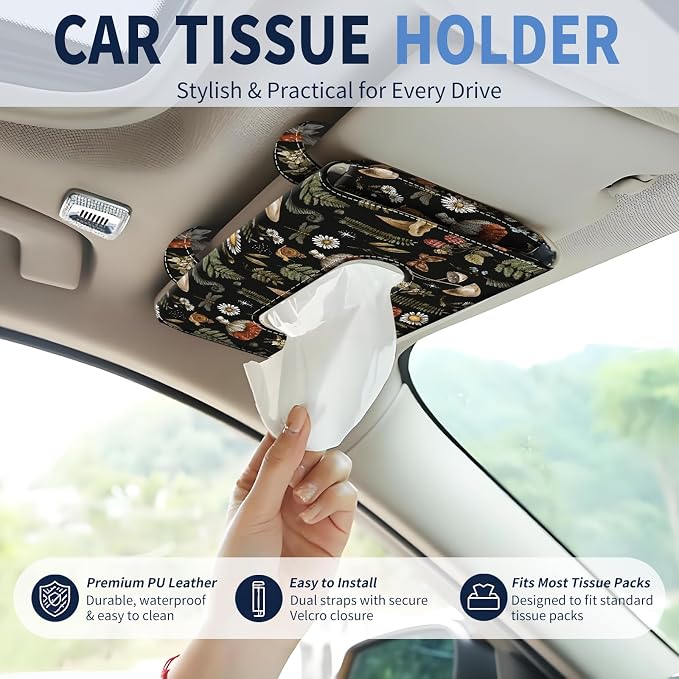 Car Tissue Holder, Cute Sun Visor Napkin Holder Backseat Tissue Case, PU Leather Tissue Box, Funny Car Accessories for Women Men Brown Cute Boho Mushrooms - Image 2