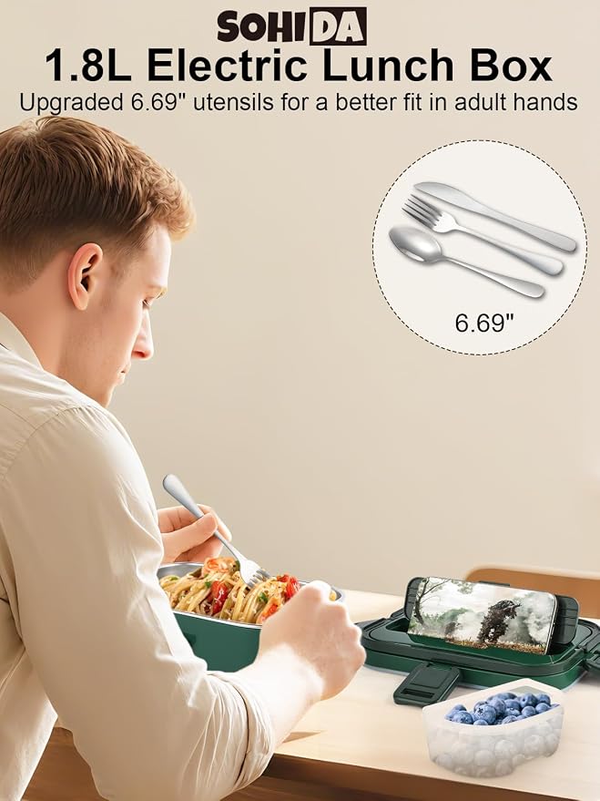 SOHIDA 1.8L Heated Lunch Box, 80W Electric Lunch Box with Long-handled Utensils for Adults, 12V/24V/110V Lonchera Eléctrica Portátil, Portable Food Warmer for Car/Truck/Office - Green - Image 2