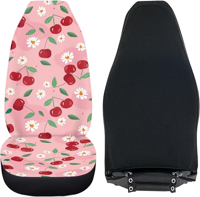 Pink Cherry Print Universal Fit Front Car Seat Cover for Women Girls Stain Resistant Car Seat Covers Bucket Seat Protector Prefect for Automotive, Van, Truck, SUV Cute Daisy Fruit Pattern - Image 3