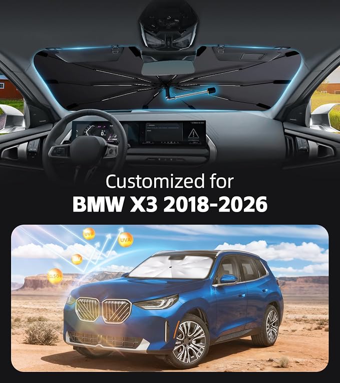 Windshield Sun Shade for BMW X3 2018-2026 with 360° Rotating Shaft | Custom Fit Umbrella Sunshade for UV Blocking, Interior Heat Protection, Easy Storage, UPF 50+ Cool Windshield Cover - Image 2