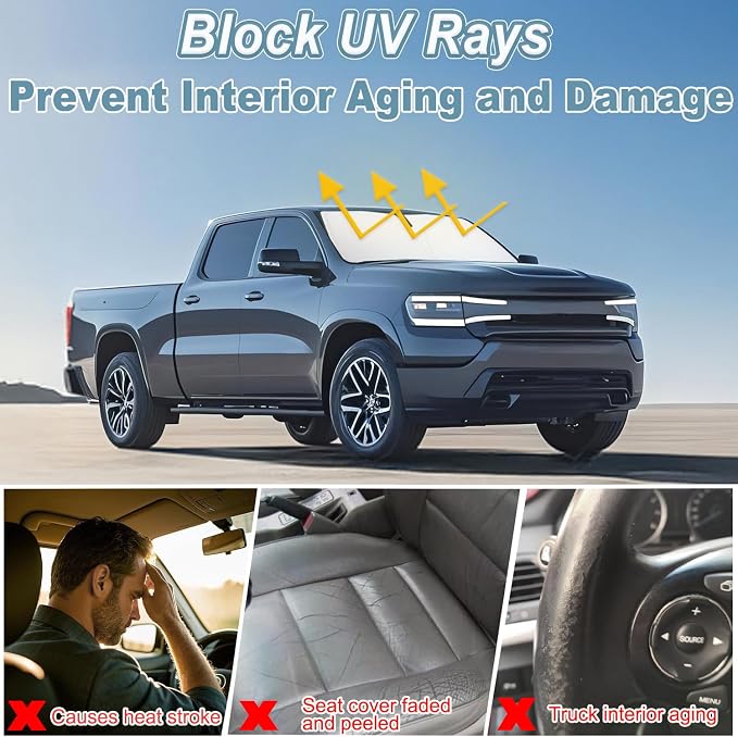 Premium Windshield Sun Shade for 2019-2025 2026 Dodge RAM 1500, Reflective 310T Material Front Window Sun Visor Blocks UV Rays Foldable Sunshade - Image 5