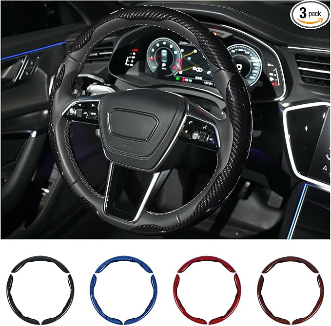 Hiseanllo Carbon Fiber Steering Wheel Cover 3PCS Set – Anti-Slip, Scratch-Resistant, Universal Fit for 14–16 Inch Wheels – Interior Car Accessories for Cars, SUVs, Trucks (Black) by HiseanlloTech