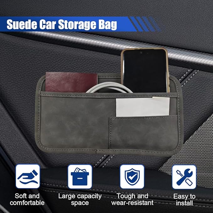 Car Seat Side Pocket Organizer, Suede Auto Door Storage Pouch, Mini Self-Adhesive Car Console Organizer, Universal Vehicle Cell Phone Holder for Key, Pen, Sunglasses(Gray) - Image 3