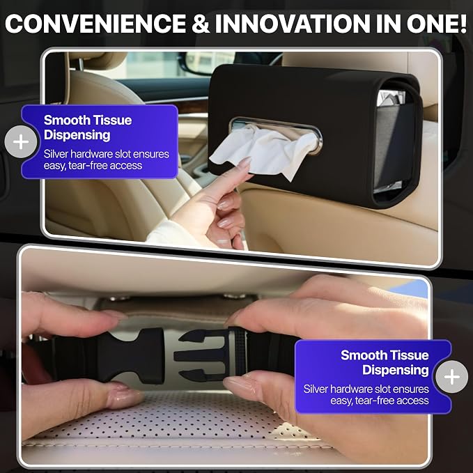 Lucrum Extra Large Car Tissue Holder - PU Leather Tissue Box Cover | Fits Regular Size Napkins Box - PU Leather Car Tissue Holder for Seat Back, Sun Visor & Console - Jet Black - Image 5