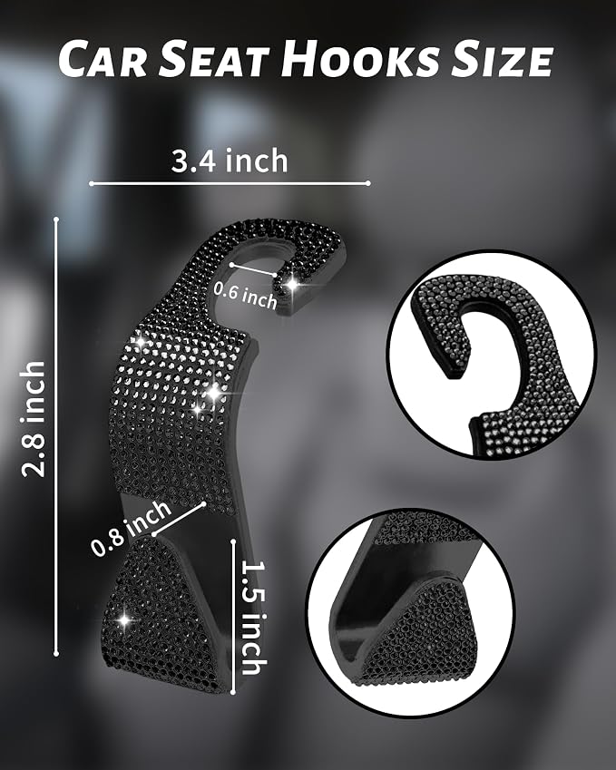 Sparkling Car Seat Hooks, 4 Pack, Black Purse Holder for Car Headrest, Chic Automotive Accessories for Women Essentials Handbag Clothes Coats Grocery Bags - Image 2