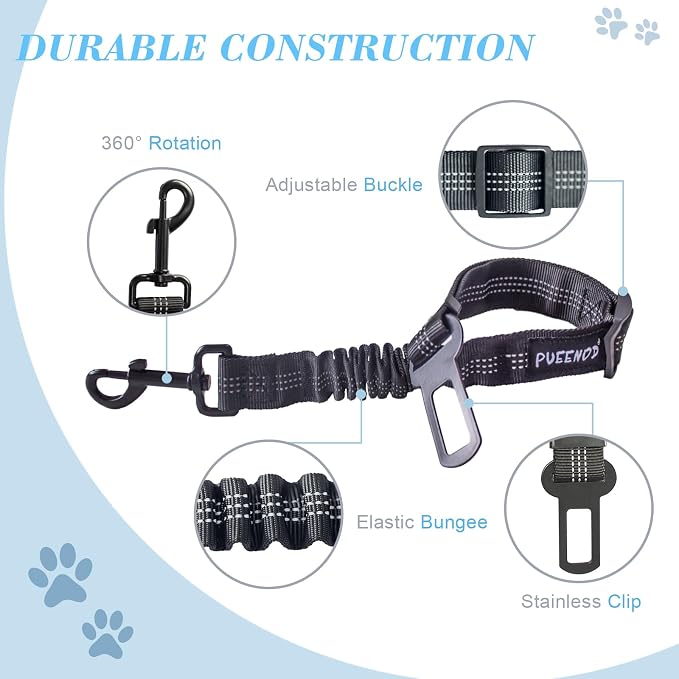 2 Pack Dog Seat Belt Adjustable Dog Car Seatbelts for Vehicle Nylon Pet Safety Seat Belt with Elastic Bungee Buffer Reflective & Durable Car Harness for Dogs… (Black + Blue) - Image 4