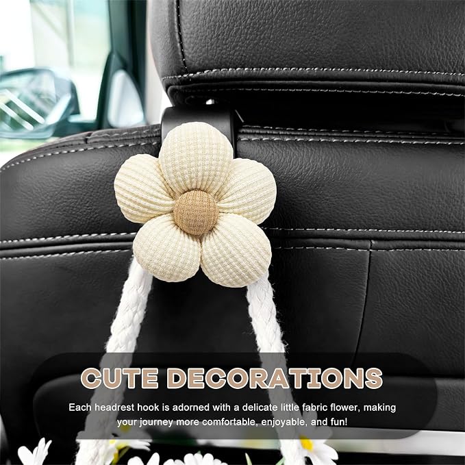 4 PCS Car Seat Headrest Hooks, Cute Flower Vehicle Backseat Hanger Storage Hook, Portable Auto Seat Back Holder Hanging Organizer for Purse Grocery Bag Cloth (White) - Image 4
