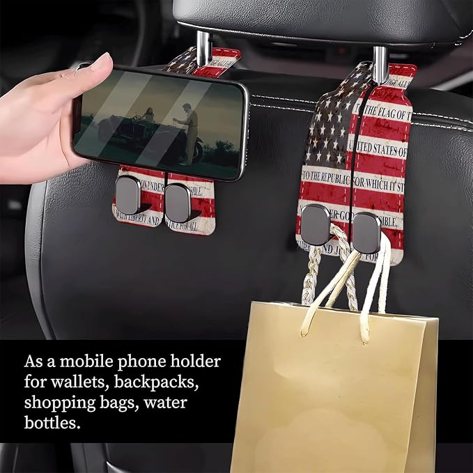 Car Seat Headrest Hook, Universal Leather Cute Hanger Holder Hook, Storage Organizer Interior Accessories for Purse Bags Handbag Retro American Flag - Image 2