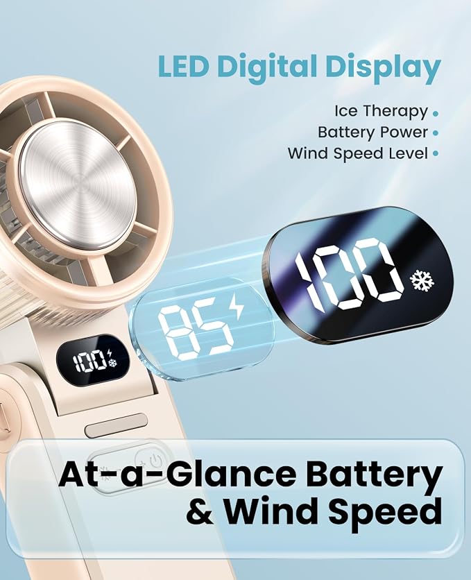 DIGIX Portable Handheld Turbo Fan with Ice Cooling, Rechargeable Personal Fan, Up to 15Hrs Cooling, 100 Speeds 25000RPM Powerful Portable Fan for Travel Outdoor,120° Adjustable, LED Display (White) - Image 7
