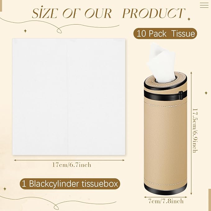 1 Pcs Car Tissues Cylinder Leather Round Container Car Tissues Holder with Tissue Paper with Window Breaker for Vehicle Bathroom Office(Beige) - Image 2
