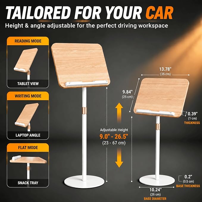 Adjustable Car Desk for Laptop, Portable SUV Workstation with Solid Wood Tabletop, 360° Swivel & Tilt Rotation, Height Adjustable Laptop Stand for Vehicle, Reading, Writing and Travel - Image 5