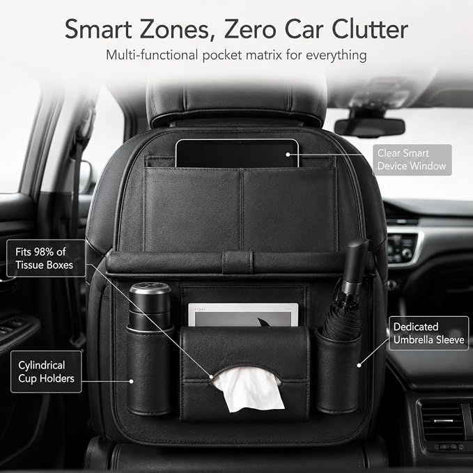 2 Pack Leather Look Car Backseat Organizer with Tablet Holder, Foldable Tray, 8 Storage Pockets, Cup Holder, Tissue and Umbrella Slots, Seat Back Protector Kick Mat for Cars SUVs Trucks - Image 5