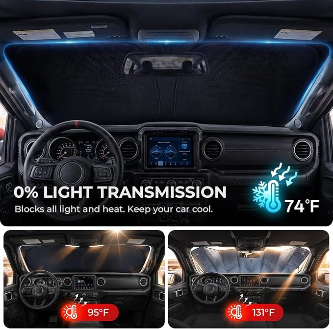 [2026 Upgraded] DooGooCoo Windshield Sun Shade for Jeep Wrangler & Gladiator 2011-2025 2026[Cooling Ice-Crystal, 100% Sun Block] Jeep Windshield Sun Shade for Wrangler Sunshade & Gladiator Sunshade. - Image 5