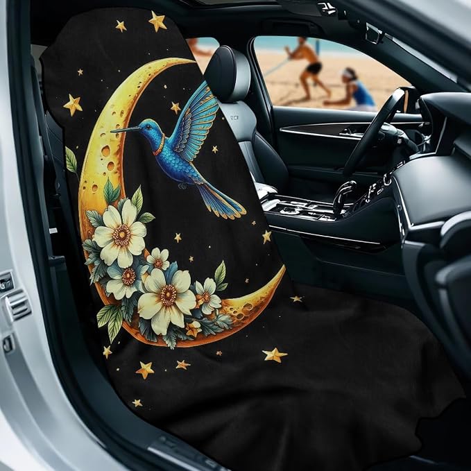 Hummingbird Moon Car Seat Cover Towel Automotive Front Seat Covers | Universal Non Slip Waterproof Sweat Protector with Storage Bag Hummingbird Car Interior Accessories Gym Yoga Beach Towel - Image 2