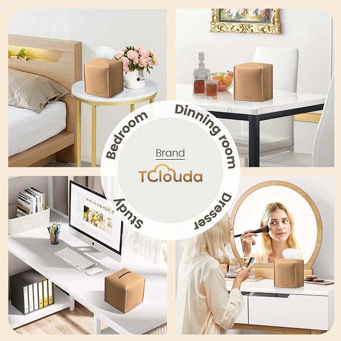 Tissue Box Cover, Tclouda, Modern PU Leather Square Tissue Box Holder for Creative Decorative, Ideal for Bathrooms/Office/Car/Nightstand/Outdoor Tent/Dining Table, 5"X5"X5", Single Claybank - Image 4