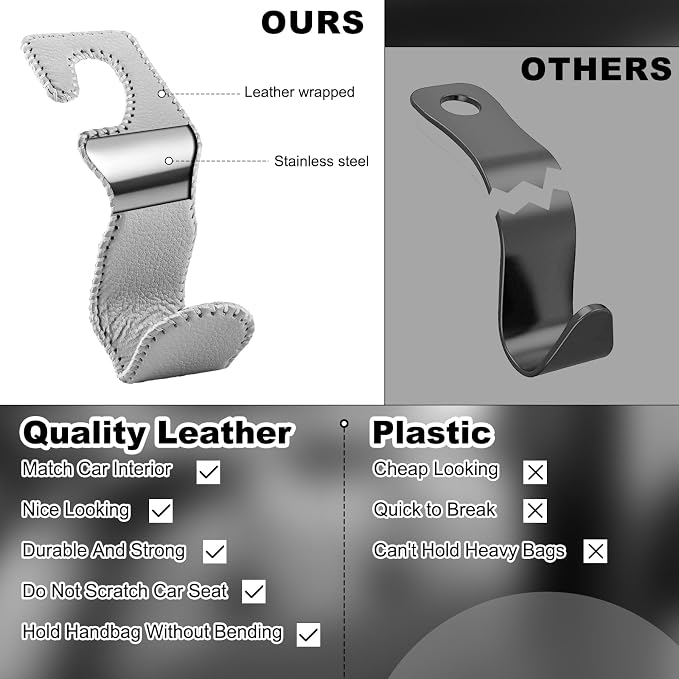EldHus Car Seat Hooks for Purses and Bags, 4 Pack Car Purse Holder for Grocery Bag Handbag Clothes, Metal Headrest Hooks Covered by Leather, Gray - Image 7