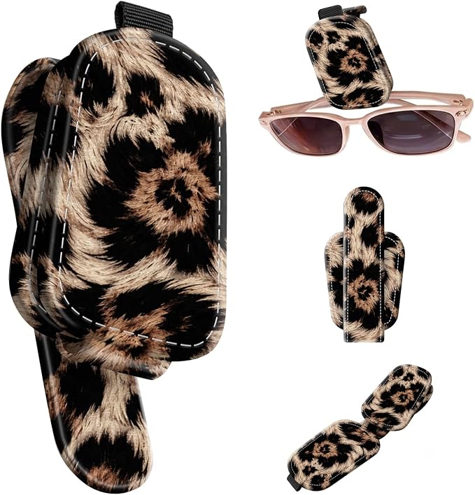 Sunglasses Holder for Car Visor, PU Leather Glasses Clip Organizer, Cute Magnetic Eyeglass Holder for Vehicle Sun Visor, Car Interior Accessory for Women & Men, Leopard Classic by Unknown