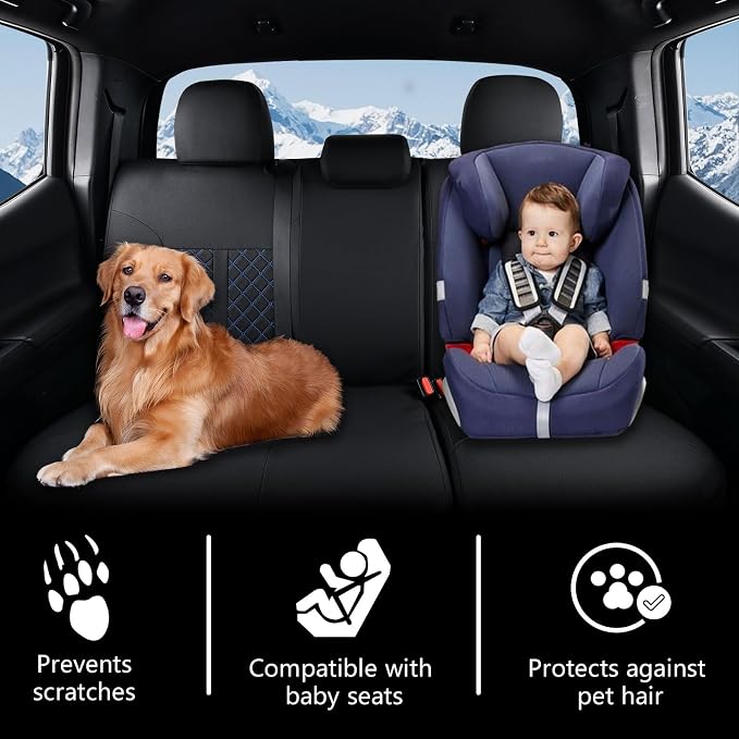 Truckiipa Seat Covers for Tacoma Full Set Leather Truck Seat Covers Waterproof Car Seat Cover Cushion Custom Fit for 2005-2015 Toyota Tacoma Double Crew Cab, Full Set, Black&Blue - Image 8