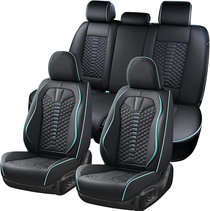 Coverado Leather Seat Covers, Car Seat Covers Full Set, Nappa Leather Seat Covers for Cars, Car Seat Protector Waterproof, Black Car Seat Cover, Universal Seat Cover Fit for Most Cars(Black&Blue) by COVERADOAUTO