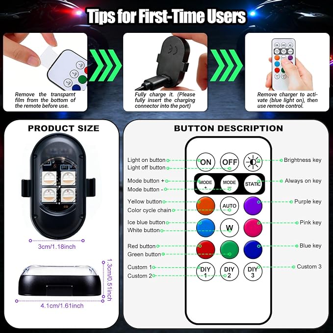 Wireless LED Lights for Car, Rechargeable Interior Car Lights | Remote Control, 8 Colors, 10 Modes, 3 Brightness Levels, USB-C Accent Lights for Car, Truck, Motorcycle & Bike - Image 8