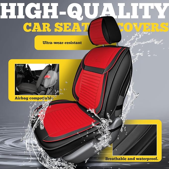 Front Car Seat Covers, Faux Nappa Leather for Sedan SUV, 2 Seats | Waterproof, Breathable and Airbag Compatible, Helps Reduce Slipping, Red+Black - Image 6
