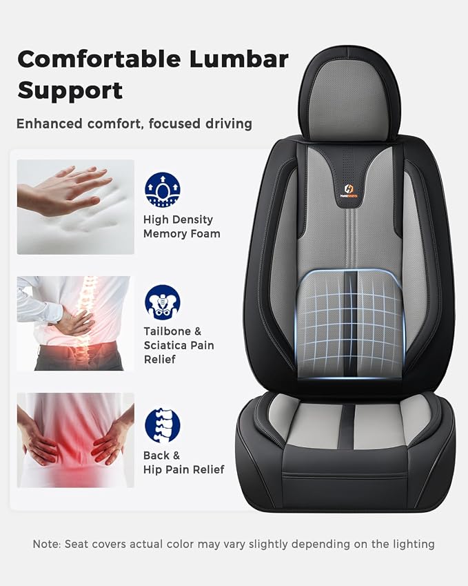 Huidasource Universal Car Seat Cover Luxury Nappa Leather, Car Seat Cover Set with Velcro Adjustable, Airbag, Lumbar Support, Cooling＆Heating, Seat Covers Fit for Most Cars SUV Trucks, Black＆Gray - Image 5