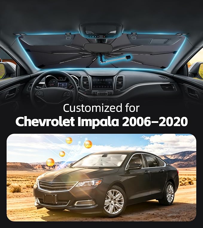 Windshield Sun Shade for Chevry Impala 2006-2020 with 360° Rotating Shaft | Custom Fit Umbrella Sunshade for UV Blocking, Interior Heat Protection, Easy Storage, UPF 50+ Cool Windshield Cover - Image 2