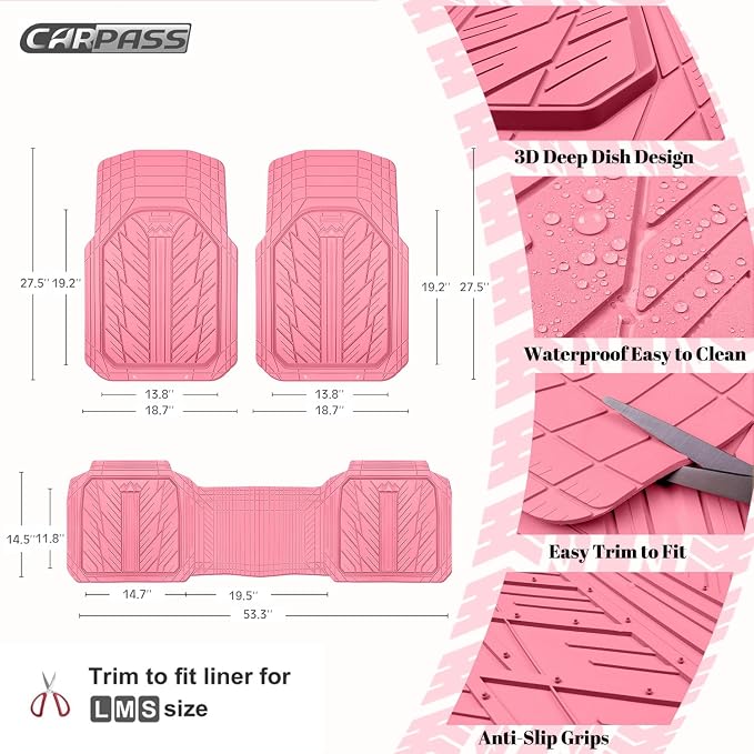 CAR PASS Heavy Rubber Car Floor Mats, Deep Waterproof Car Mats All Weather, Universal Trim-to Fit Automotive Floor Mats for Car SUV Truck Van, Durable Cute Floor Liners for Women Girly (All Pink) - Image 3