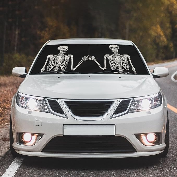 Funny Skull Car Windshield Sun Shade Umbrella Automotive Windshield Sunshade Foldable Front Car Accessories Interior Decor to Keep Vehicle Cool for Most Vehicles 57'' X 30'' - Image 2