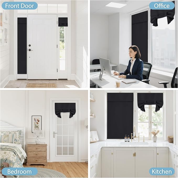 RYB HOME Sidelight Curtains for Front Door, Skinny Narrow Window Curtains | Entry Glass Door Cover, Renter Friendly Blackout Curtains, Adhesive No Drill, Wide 12 inch x Long 69 inch, Black, 1 Panel - Image 9