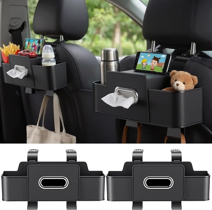 2 Pack Back Seat Car Organizers with Tissue Box and Cup Holders, Balck | Each organizer combines tissue storage, 2 cup holders, phone pocket and hooks to keep rear-seat essentials organized. - Image 2