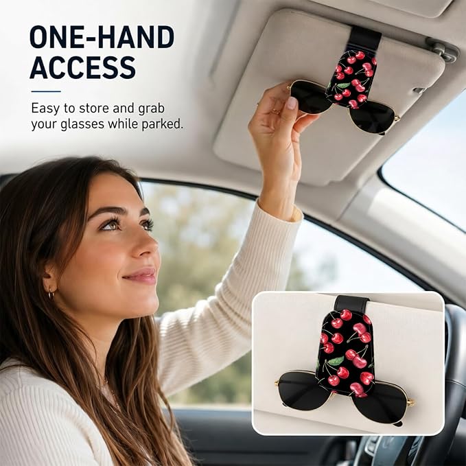 Leather Magnetic Sunglass Holder for Car Sun Visor, Cute Eyeglass Ticket Card Hanger Clip, Universal Auto Interior Accessories for SUV Pickup Truck, Cherry Pattern - Image 2