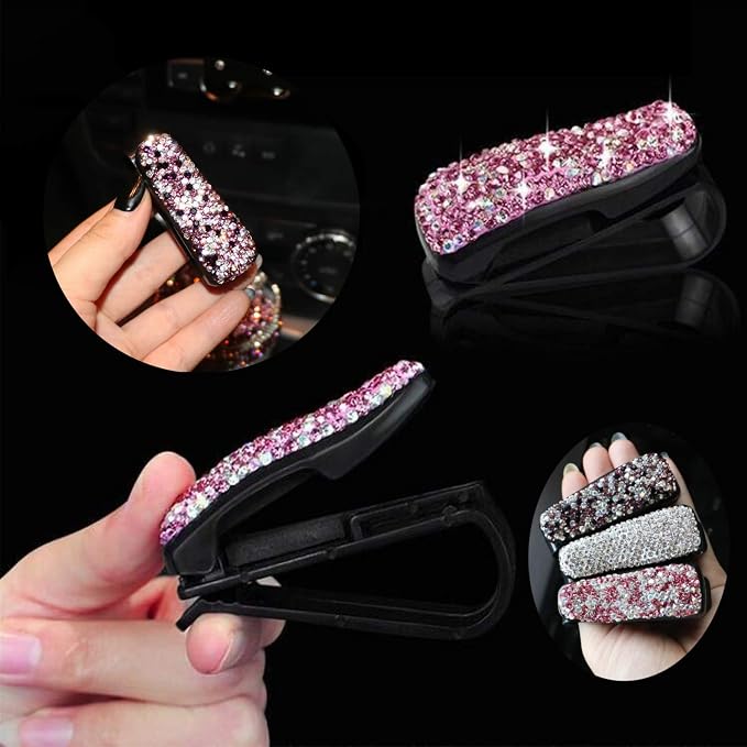Glasses Holders for Car Sun Visor, 2 Pack Bling Crystal Rhinestones Fashion Car Eyeglasses Sunglasses Hanger Mount with Ticket Card Clip for Women Girls (Silver) - Image 4