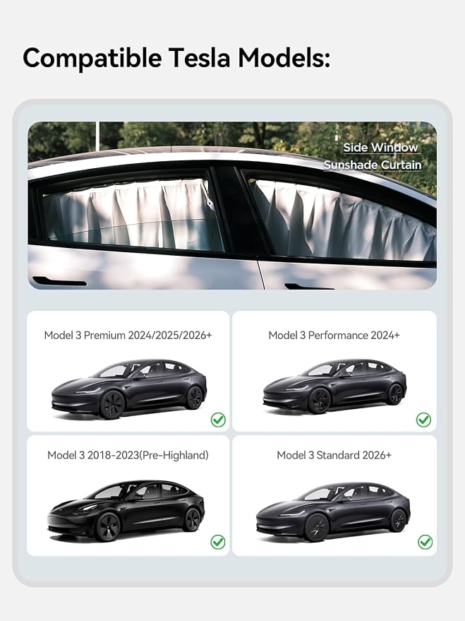 TPARTS Side Window Sunshade Curtains for Tesla Model 3 2026-2018 All Models | 4-piece blackout sun shades provide privacy and heat protection while fitting front and rear side windows for Tesla Model 3 - Image 2