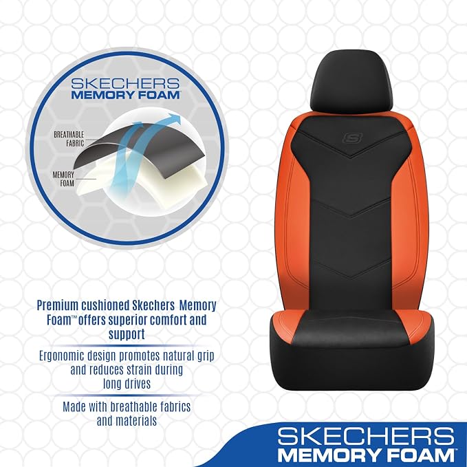 Skechers Memory Foam Seat Covers,Leather Car Seat Covers, Ultimate Comfort & Support Seat Covers Full Sets Airbag Compatible, Automotive Universal Fit Most for SUVs, Vans, Sedans, Cars, Trucks,Orange - Image 4