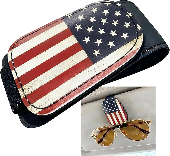 American Flag Car Sunglasses Holder Universal Magnetic Visor Accessories | Flag Cars Accessories Leather Glasses Clip for Sun Visor Eyeglass Hanger Organizer for Women and Men Gifts Decor by TRXYQ