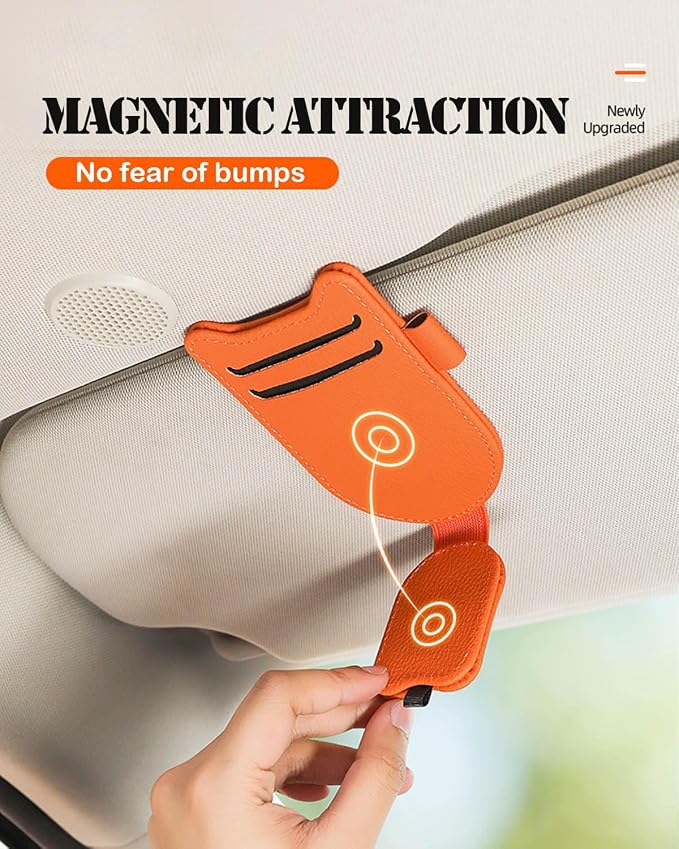 Sunglasses Clip for Car Visor, Magnetic Leather Eyeglass Holder | Sunglasses Holder With Ticket Card Clip for Car Visor Accessories (Orange) - Image 5