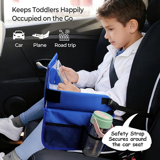 Travel Tray for Kids, Carseat Table Tray for Road Trip Activities, Toddler Lap Desk Organizer for Airplane - Blue - Image 3