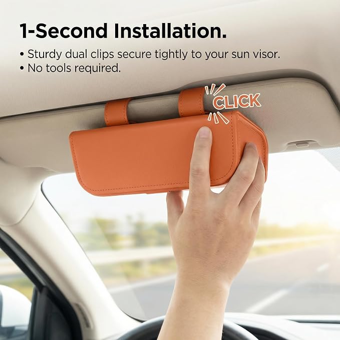 Magnetic Sunglasses Holder for Car Visor, PU Leather Clip, Orange | Soft Inner Lining, One-Handed Access, Holds Eyeglasses, Parking Tickets and Receipts, For Cars, SUVs and Trucks, 1 Pack - Image 6