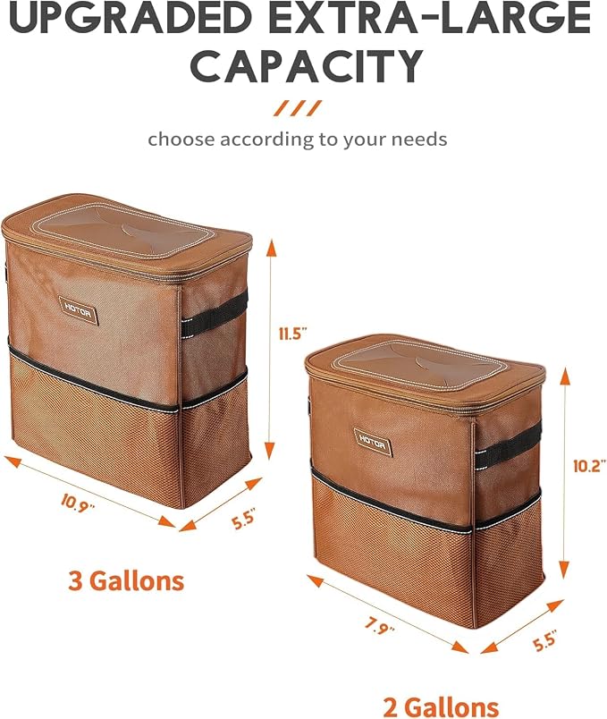 HOTOR Car Trash Can, Compact Waterproof Organizer, Leak-Proof Bin, 3-Gallon | Brown, Multifunctional Car Accessory with Adjustable Straps & Magnetic Snaps for Interior Car Storage - Image 6