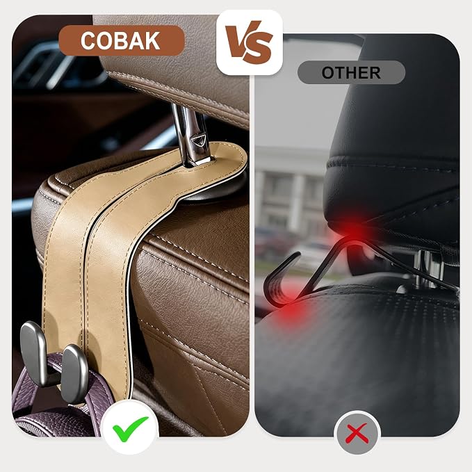 CoBak Extra Wide Car Seat Back Hooks, Premium Stitched Leather Headrest Hangers with Wide Slot Structure, Universal for Any-Width Purses, Handbags, Bags (2 Pack), Gold - Image 3