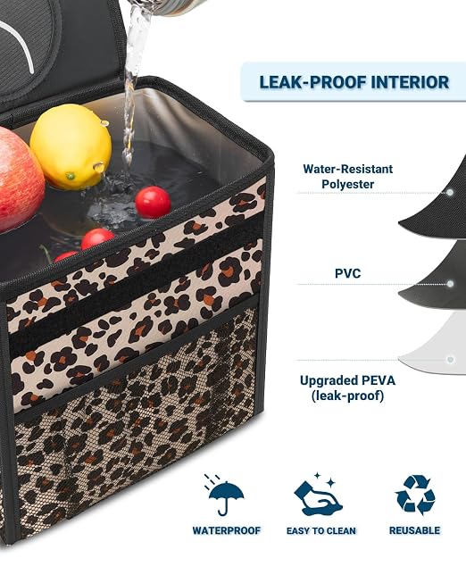 Capolo Car Trash Can with Lid, Leakproof Car Garbage Can Car Trash Bag | Waterproof, Trash Can for Car, 3 Mesh Pockets, Mini Hanging Vehicle Car Trash Bin, for Back/Front Seat (Leopard,2.5 Gal) - Image 4