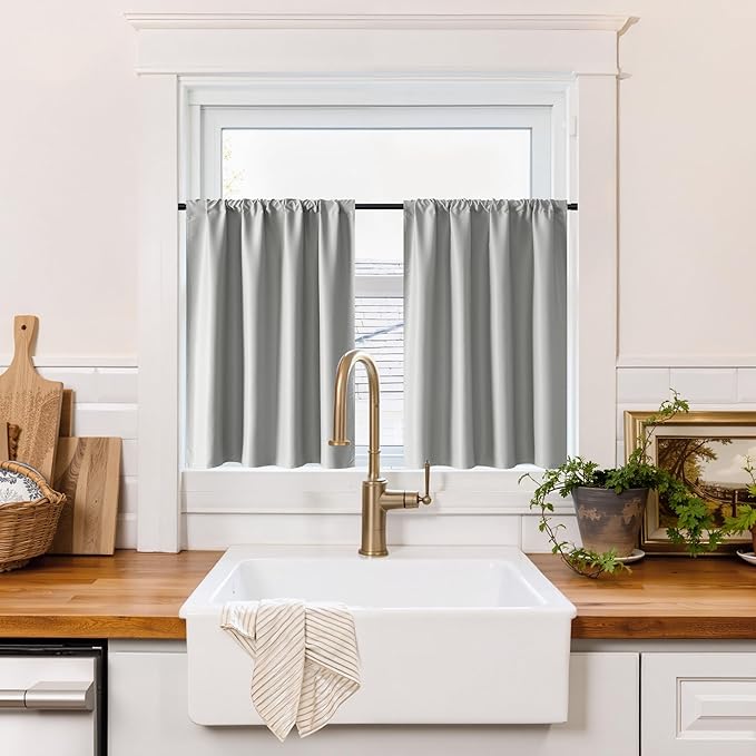 RYB HOME 100% Blackout Short Curtains for Small Window, Thermal Insulated | Total Room Darkening, Noise Reducing, Curtains for Basement Bathroom RV Cars, W29 x L24, Sliver Grey, 2 Panels by RYBHOME