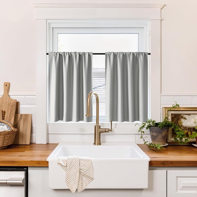 RYB HOME 100% Blackout Basement Curtains 24 inches Long, Heat & UV Blocking | Total Room Darkening, Noise Reducing, Curtains for Bathroom RV Campers, W34 x L24, Sliver Grey, 2 Panels by RYBHOME