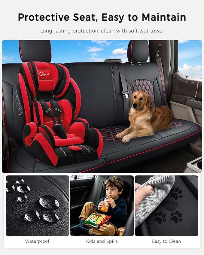 Huidasource F150 Rear Seat Covers, Split Back Leather Seat Cushion Cover Fit for 2015-2026 Ford F150 SuperCrew & 2017-2026 F250 F350 F450 Super Duty Crew Cab Pickup Truck (Back Row/Black&Red) - Image 2