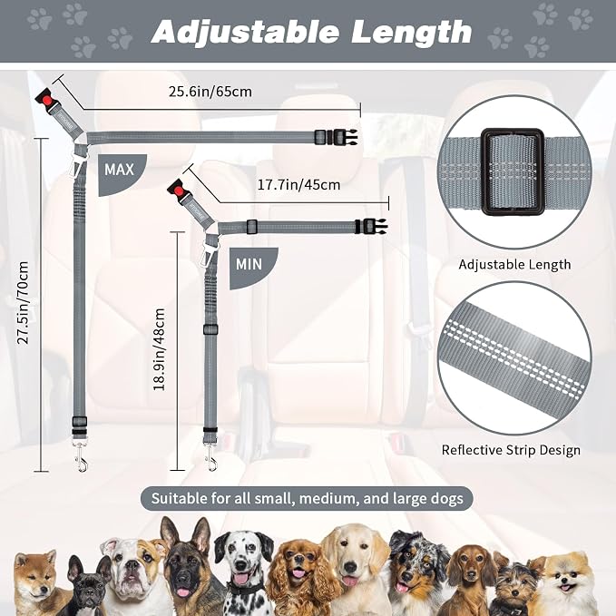 BWOGUE 2 Pack Dog Seat Belt for Car, Headrest Restraint, Elastic Bungee | 18-30 in Adjustable, Headrest Mount, Metal Buckle, Use with Dog Harness, Small-Large Dogs, Harness in Vehicle Travel for Pet - Image 2